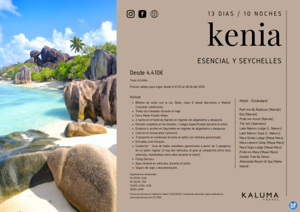 Kenia Esencial y Seychelles 13 Días / 10 Noches Salidas hasta Octubre desde 4.410 € 