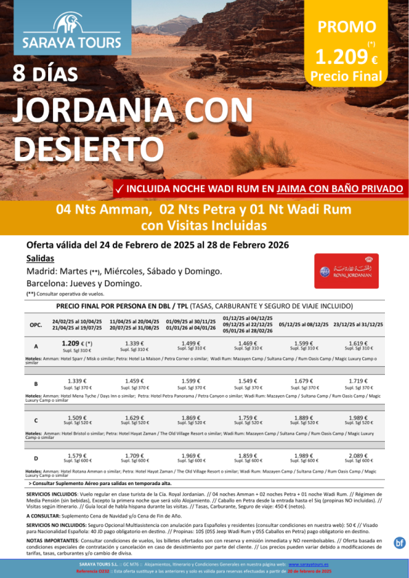 Jordania con Desierto 8 días: Amman, Petra y Wadi Rum con Visitas y Noche en Jaima Incluida hasta Feb26