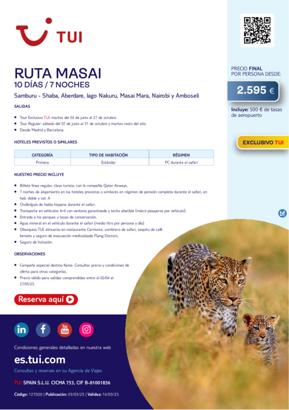 Quincena de Kenia. Ruta Masai. 10 días / 7 noches. Exclusivo TUI. Salidas desde MAD y BCN desde 2.595 € 