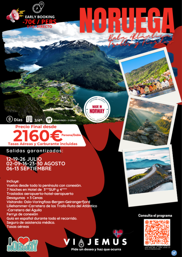 Noruega, Ruta Atlántica Trolls y Fiordos. EARLYBooking -70? DTO directo por persona. Salidas garantizadas