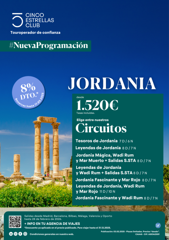 8% dto.+Tarj.Gif Card hst 120 € selección circuitos Jordania dsd 1.520 € dsd Mad,Bcn,Bio, Agp, Vlc, Opo