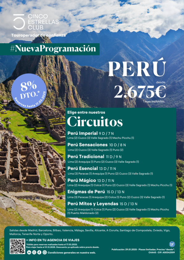 8% dto.+Tarj.Gif Card hasta 120 € dsd 2.675 Circ. Perú de 7,8,9,11,13 nts sal. ver ciudades de salidas en ofert