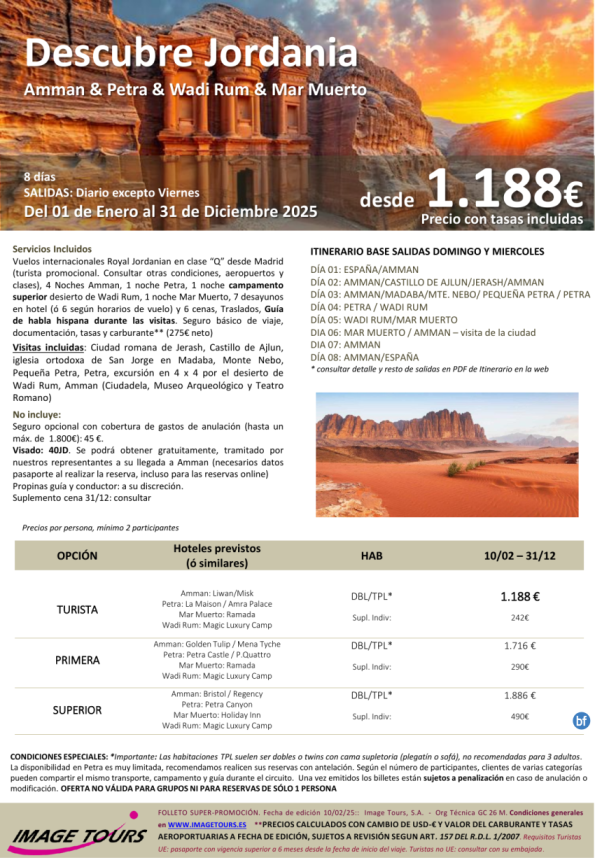 Descubre JORDANIA *Novedad 2025* circuito 8 días con Amman, mar Muerto, Petra y Wadi Rum, desde 1.188 € 