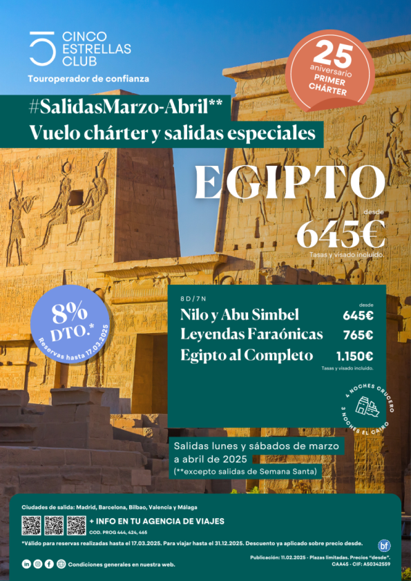 8% dto.+Tarj.Gif Card hsta 120 € Egipto dsd 645 Nilo y Abu simbel 8d/7n salidas Marz-Abril (excepto S.STA)