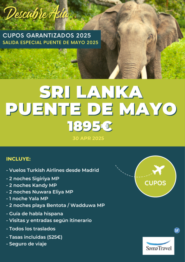 SRI LANKA Puente de Mayo: Circuito 11 días + visitas incl [Cupos y precios Garantizados] (30Apr)*Desde 1.895 € *