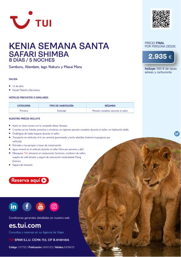 Kenia. Semana Santa. Safari Shimba. 8 días / 5 noches. Salida 13 ABR desde MAD y BCN desde 2.935 € 