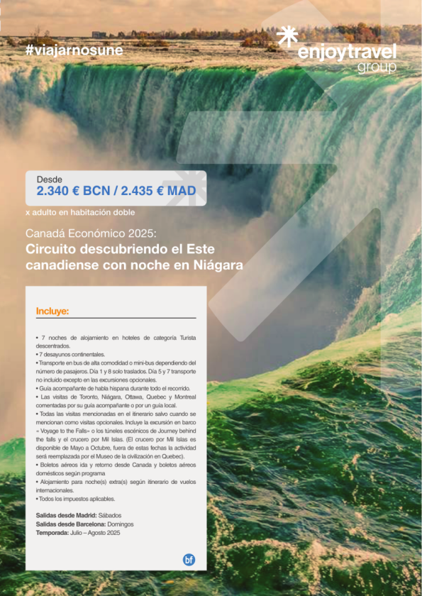 ECO Descubriendo el Este canadiense con noche en Niágara Falls 8D/7N con vuelo incluido MAD o BCN desde 2.340 € 