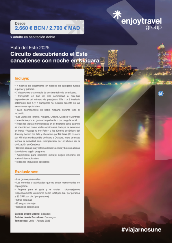 Descubriendo el Este canadiense con noche en Niágara Falls 8D/7N con vuelo incluido MAD o BCN desde 2.660 € 