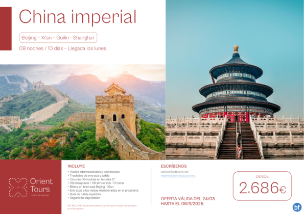 Tour China Imperial 09 noches - 10 días con vuelos incluidos. Salidas cada lunes  desde Bcn y Mad