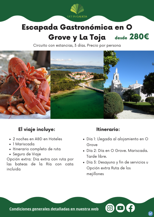 Escapada Gastronómica en O Grove y La Toja. 3 días/2 noches en A+D en Hoteles. Con Mariscada. 280 € 