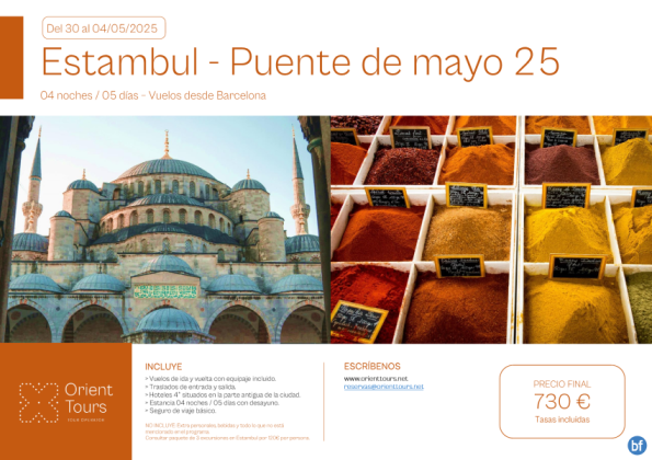 Puente de mayo: Escapada a Estambul. Vuelos+traslados+Hotel. Salida desde BCN 30/04/25.Precio final 730 € 