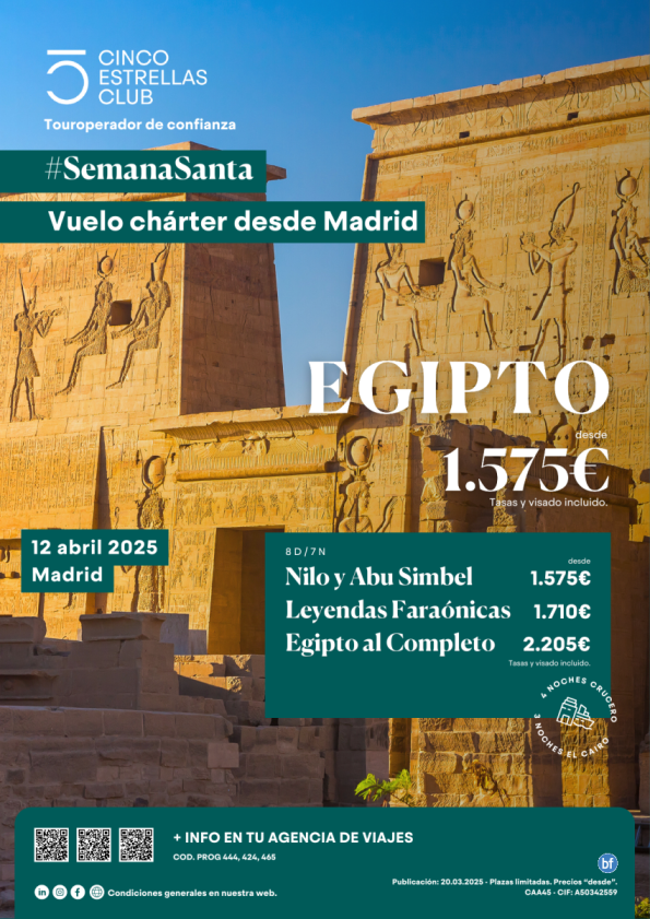 S.STA Egipto  Nilo y Abu Simbel desde 1.575 € 8 días/7 noches Sal 12 de abril dsd Madrid. Últimas plazas