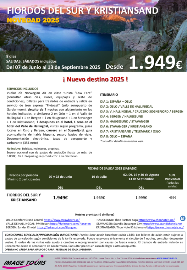 NORUEGA, Fiordos del sur y Kristiansand, 8 días con todas las visitas desde 1.949 € 