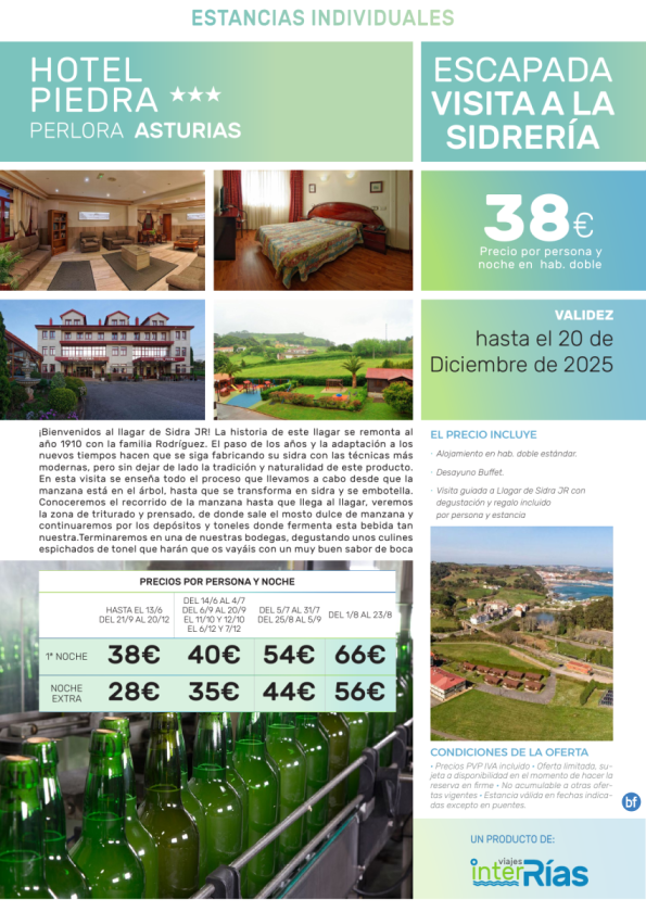 Escapada Visita a la Sidrería Hotel Piedra 3* (Perlora - Asturias).- Hoteles para Individuales