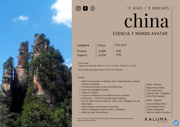 Esencia de China y Mundo Avatar 12 días / 9 noches - Salidas Garantizadas hasta Diciembre desde 3.130 € 