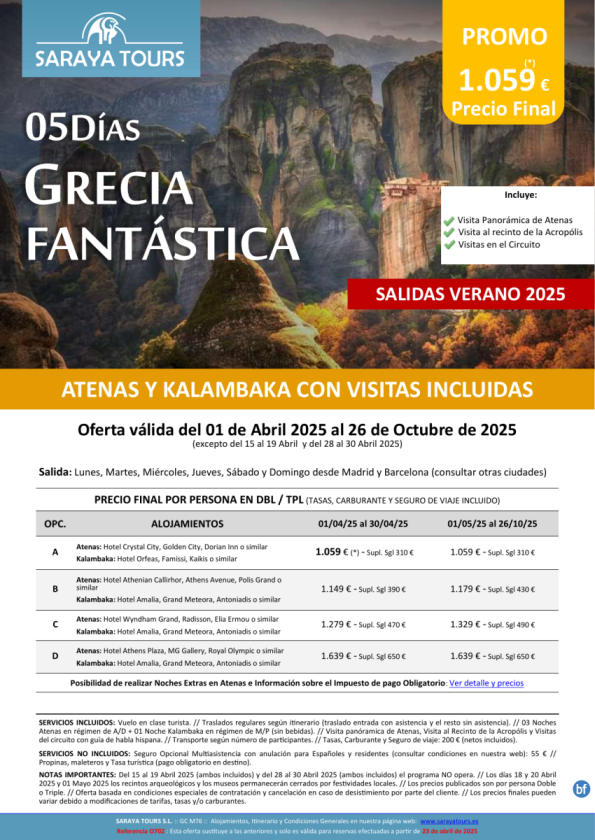 Promo! Grecia Fantástica 5 días: Circuito Atenas y Kalambaka (Delfos y Meteora) con Visitas hasta Oct 25
