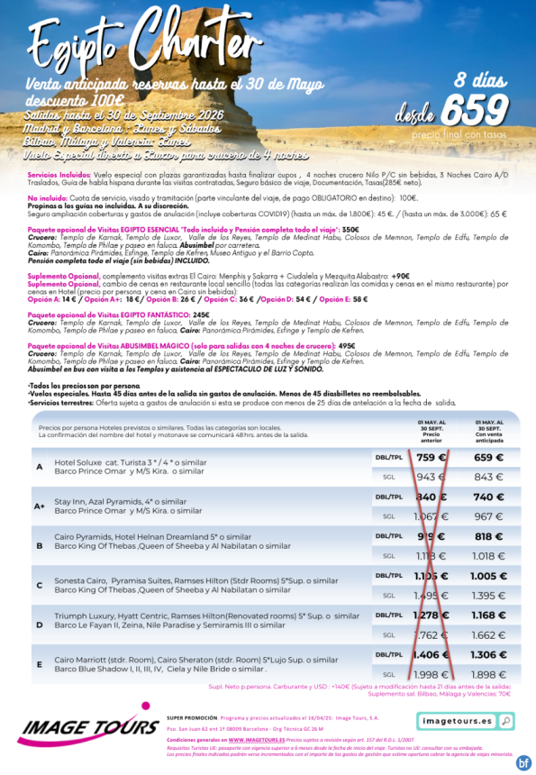 Egipto Charter hasta septiembre 2026 ¡8 días con plazas garantizadas! Venta Anticipada desde 659 € 