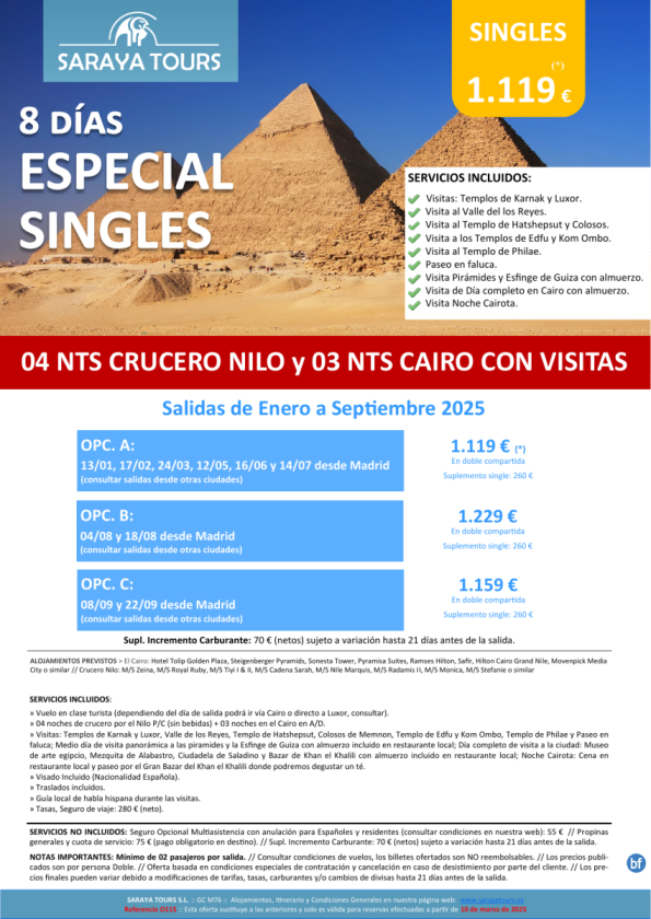 ¡Exclusivo! Especial Singles a Egipto 8 días Crucero y Cairo con Visitas Incluidas hasta Sep25. Desde 1119 € 