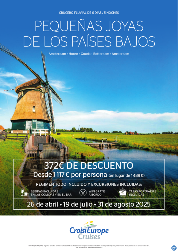 372? DESCUENTO - crucero fluvial Joyas de Países Bajos - 6 días - rég. Todo Incluido - 26/04 + 19/07 + 31/08