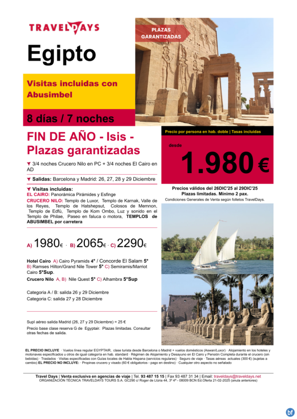 Egipto especial Fin de Año - 8 días salidas 26,27,28 y 29 de diciembre desde BCN/MAD a partir de 1.980 € 
