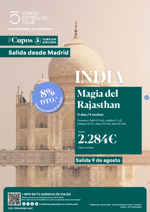 8% dto. Cupos TK Magia del Rajasthan  PVP 2.284 € 11d/9n  Salida 09 de agosto desde Madrid