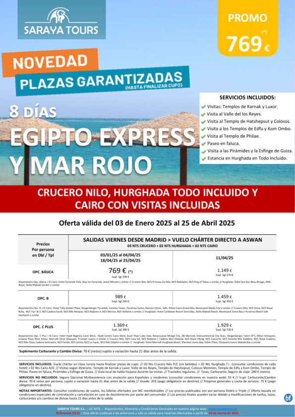 Egipto Express y Mar Rojo 8D *Crucero Nilo, Hurghada TI y Cairo + Visitas incluidas. Hasta Feb 26. Desde 769 € 