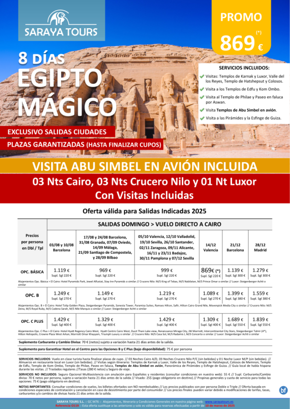 Egipto Mágico 8 días *Especial Ciudades* Incluye Abu Simbel en avión- Cai, Crz y Luxor con visitas. Desde 699 € 