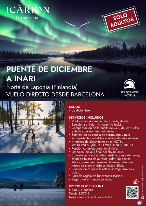 Puente de diciembre a Inari. Solo adultos. Vuelo directo desde Barcelona