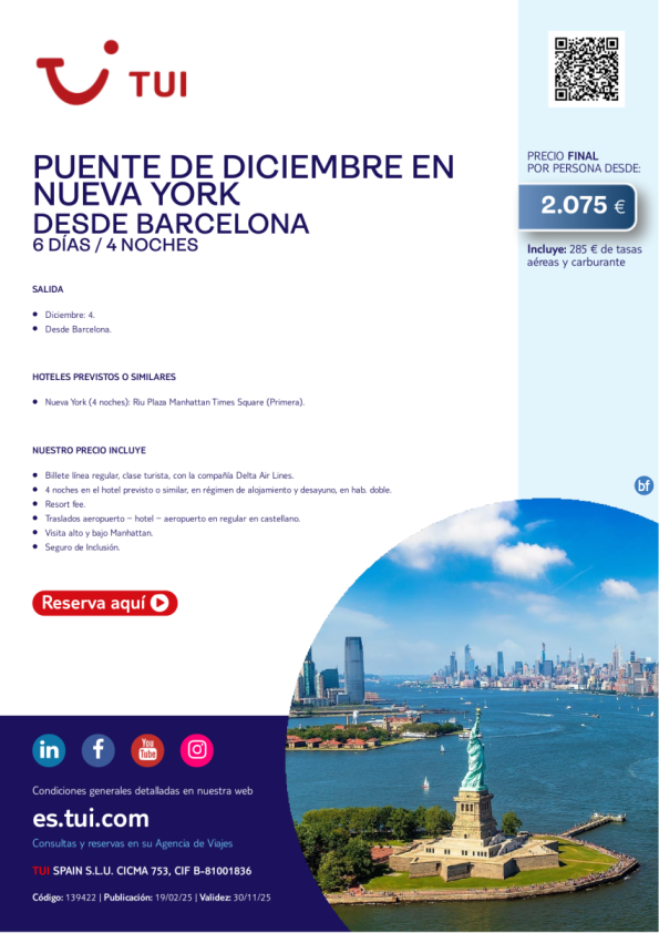 Puente de diciembre en Nueva York. 6 días / 4 noches. Salida 04 DIC desde BCN desde 2.075 € 