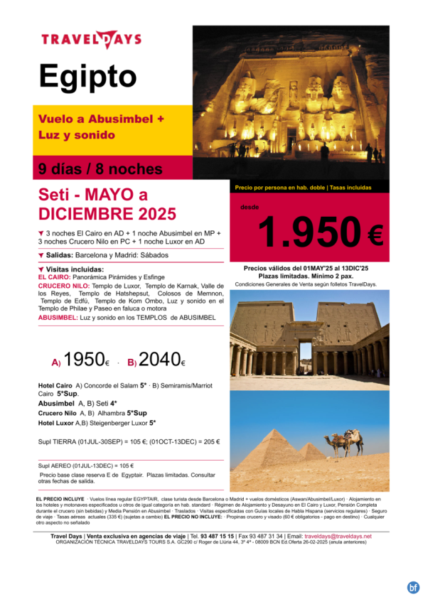 SETI - 9 días en Egipto con vuelo y noche en Abusimbel a partir de 1.950 € 