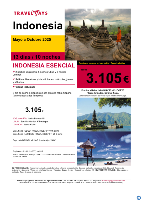 Indonesia Esencial - 13 días incluye Jogyakarta, Bali y Lombok desde BCN/MAD a partir de 3.105 € 