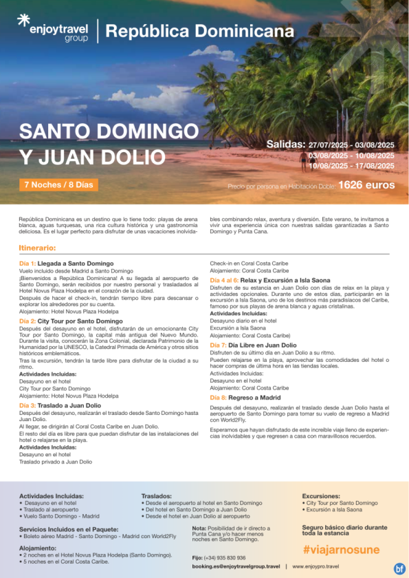 Santo Domingo y Juan Dolio 8D/7N con vuelo incluido desde 1,626 € 