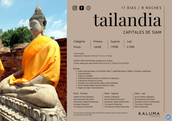 Tailandia Capitales de Siam con Kwai 8 Noches - *Venta Anticipada ampliada 31 mayo* desde 1.775 € Turista Sup.