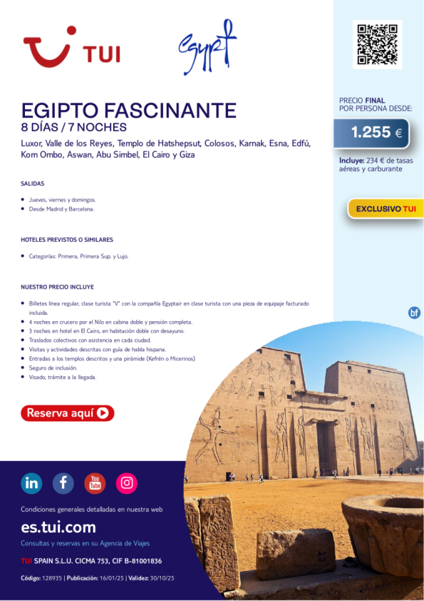 Egipto Fascinante. 8 días / 7 noches. Exclusivo TUI. Salidas desde MAD y BCN desde 1.255 € 