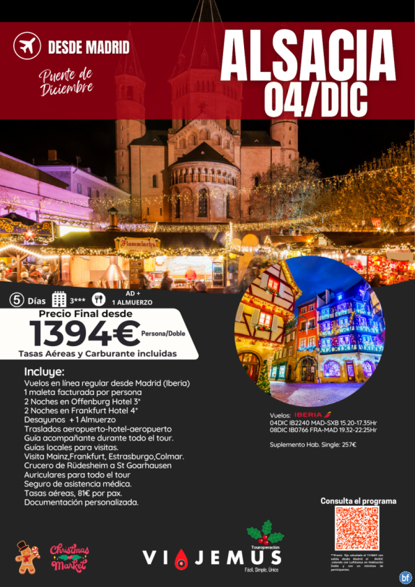 Puente de Diciembre. Mercadillos Navideños de Alsacia  salida 04/DIC desde Madrid