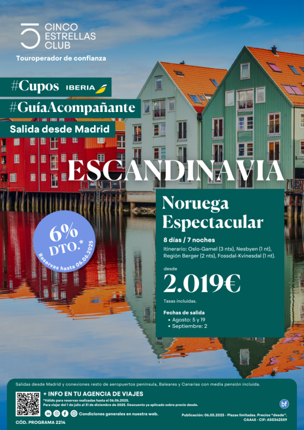 6%dto Cupos/Guia Acompañante Noruego Espectacular desde 2.019 € 8d/7n sld 5y19Agosto, 02Septiembre desde Madrid