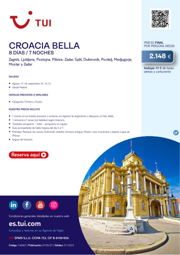 Croacia Bella. 8 días / 7 noches. Salidas AGO y SEP desde MAD desde 2.148 € 