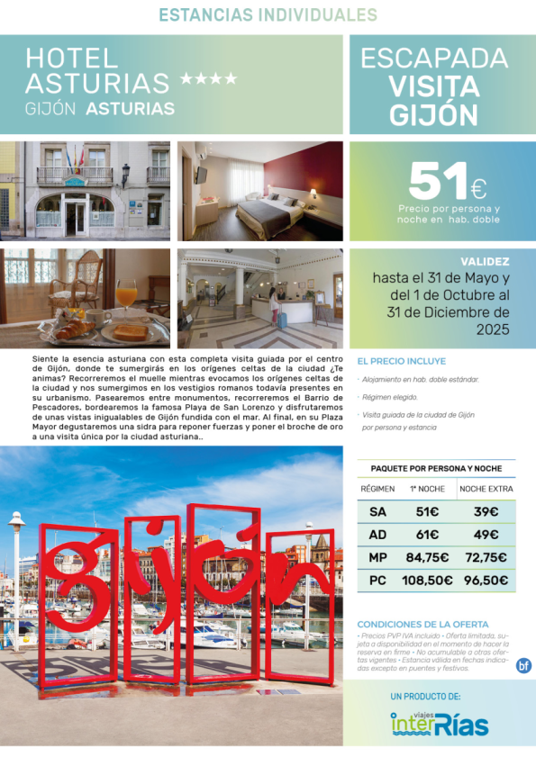 Escapada Visita Gijón Hotel Asturias 4* (Gijón).- Paquetes turísticos para Individuales