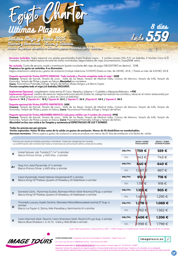 Egipto Charter, Últimas Plazas Mayo y Junio con plazas garantizadas! 8 días desde solo 559 € 