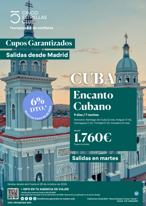 6%dto Cupos Encanto Cubano dsd 1.760 € 9d/7n sld en los martes hasta 28 de Octubre desde Madrid