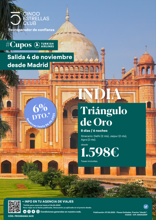 6% dto Cupos TK/India Triangulo de Oro dsd 1.598 € 8d/6n Unica Salida 4 de Noviembre desde Madrid
