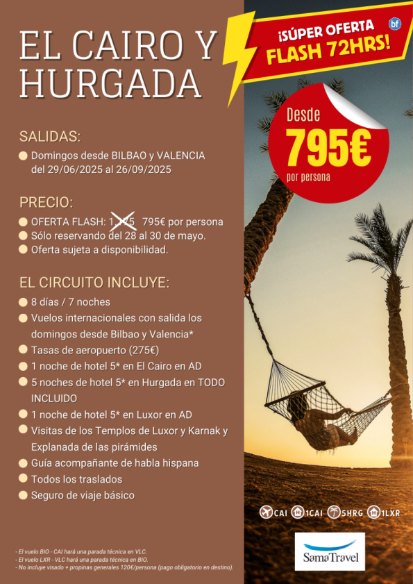 ¡OFERTA FLASH! sólo reservando 28, 29 y 30 de mayo, con hasta 500 € de descuento en El Cairo y Hurgada