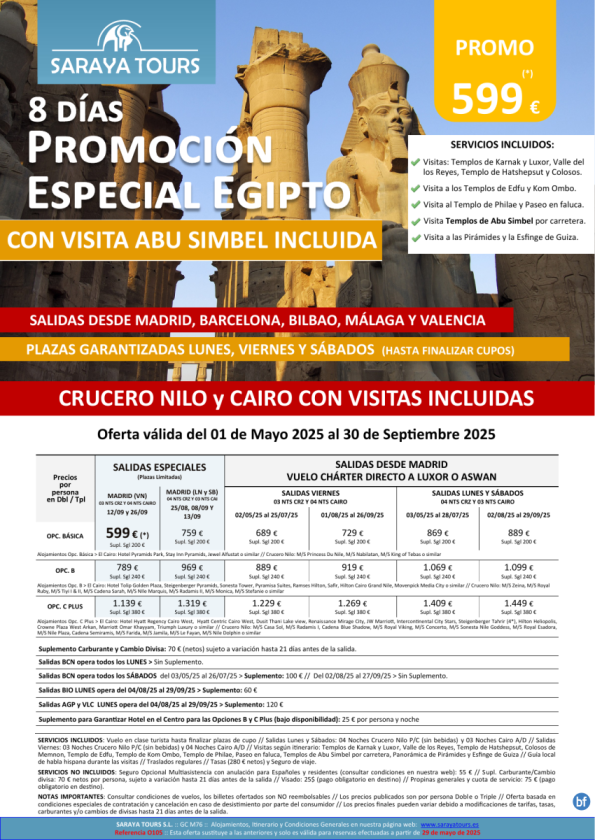 Promo Egipto con Abu Simbel 8d. *Vuelo Mad,Bcn,Bio,Agp, Vlc* Crucero y Cairo desde 599 € 