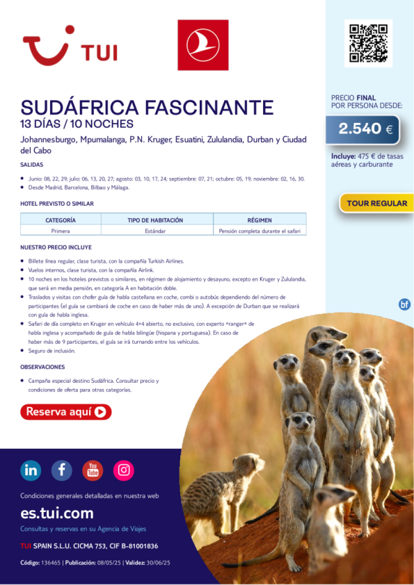Sudáfrica Fascinante. 13 días / 10 noches. Tour Regular. Vuelos con TK. Salidas desde 2.540 € 