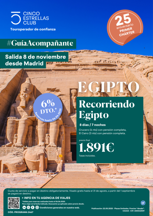 6%dto Cupos/Guia Acompañante Recorriendo Egipto dsd 1.891 € 8d/7n Unica Salida 8 Noviembre desde Madrid
