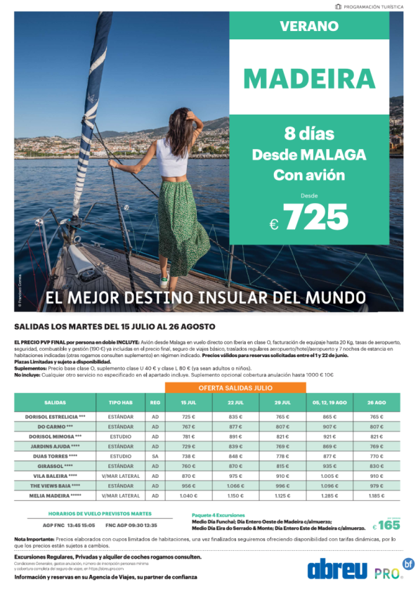 Madeira desde Málaga vuelo directo salidas martes 15 Jul a 02 Sep 8 días 725 € 