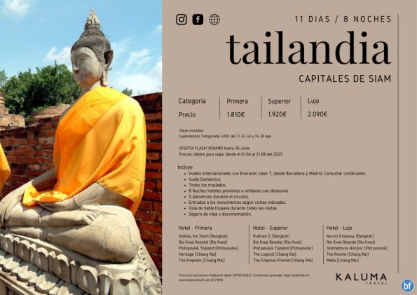 Tailandia Capitales de Siam con Kwai 8 Noches - *Of. Flash Verano ampliada 30 Junio* desde 1.745 € Turista Sup.