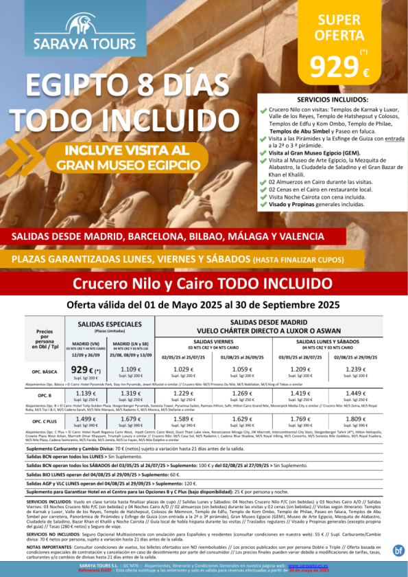 Egipto Todo Incluido 8d. *Vuelo dsd Mad,Bcn,Bio,Agp,Vlc* Crucero y Cairo+ visitas, Propinas y Visado. Dsd 929 € 