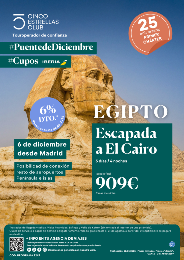 6%dto Cupos IB/ Puente Dic Escapada El Cairo dsd 909 € 5d/4n sld 6 dic dsd Madrid, conexiones resto aeropuerto