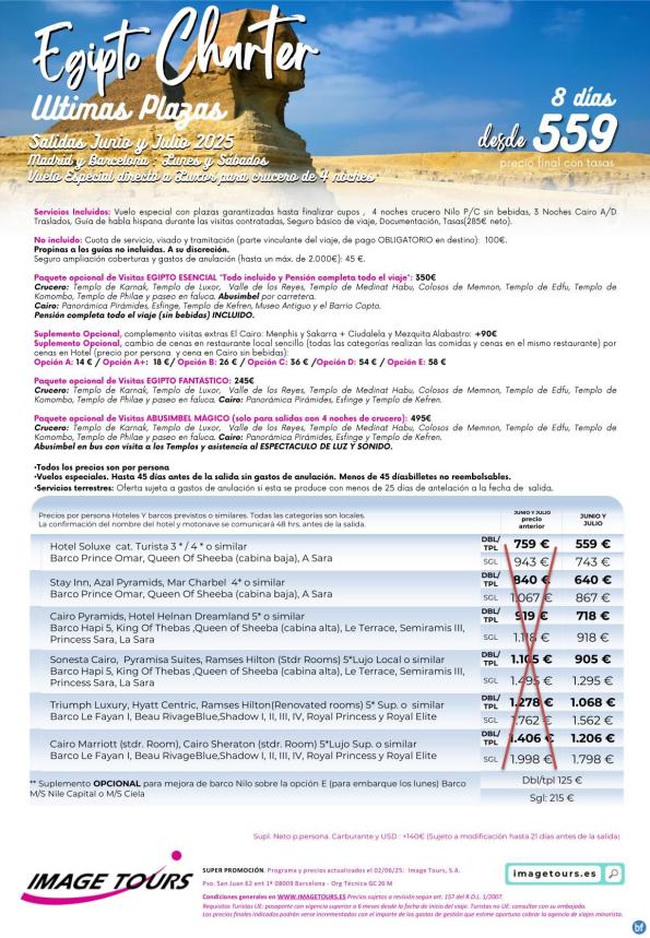 Egipto Charter, Últimas Plazas Junio y Julio con plazas garantizadas! 8 días desde solo 559 € 